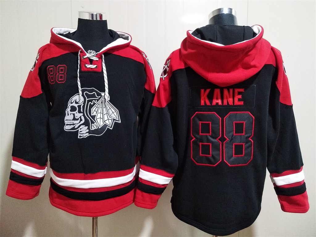 Men's Chicago Blackhawks Skull #88 Patrick Kane Black Lace-Up Pullover Hoodie Jersey