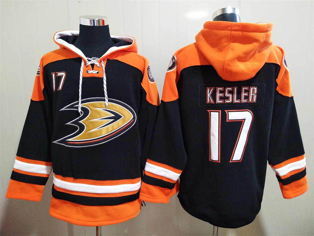 Men's Anaheim Ducks #17 Ryan Kesler Black Orange Lace-Up Pullover Hoodie Jersey